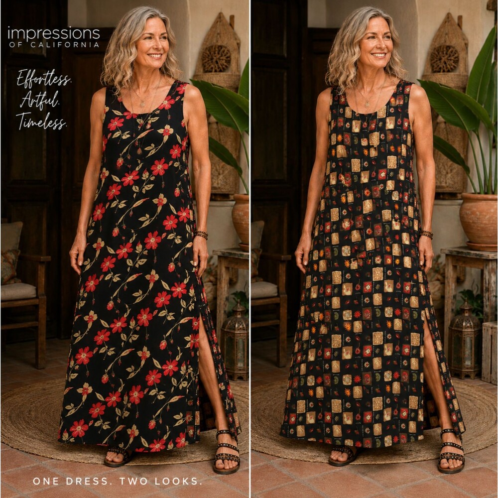 VTG Impressions of CA Floral Maxi Dress L Reversible Black Garden Patchwork EUC